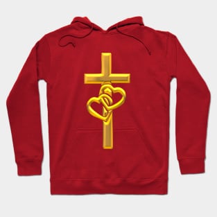 Golden 3-D look Cross with 2 Hearts Hoodie